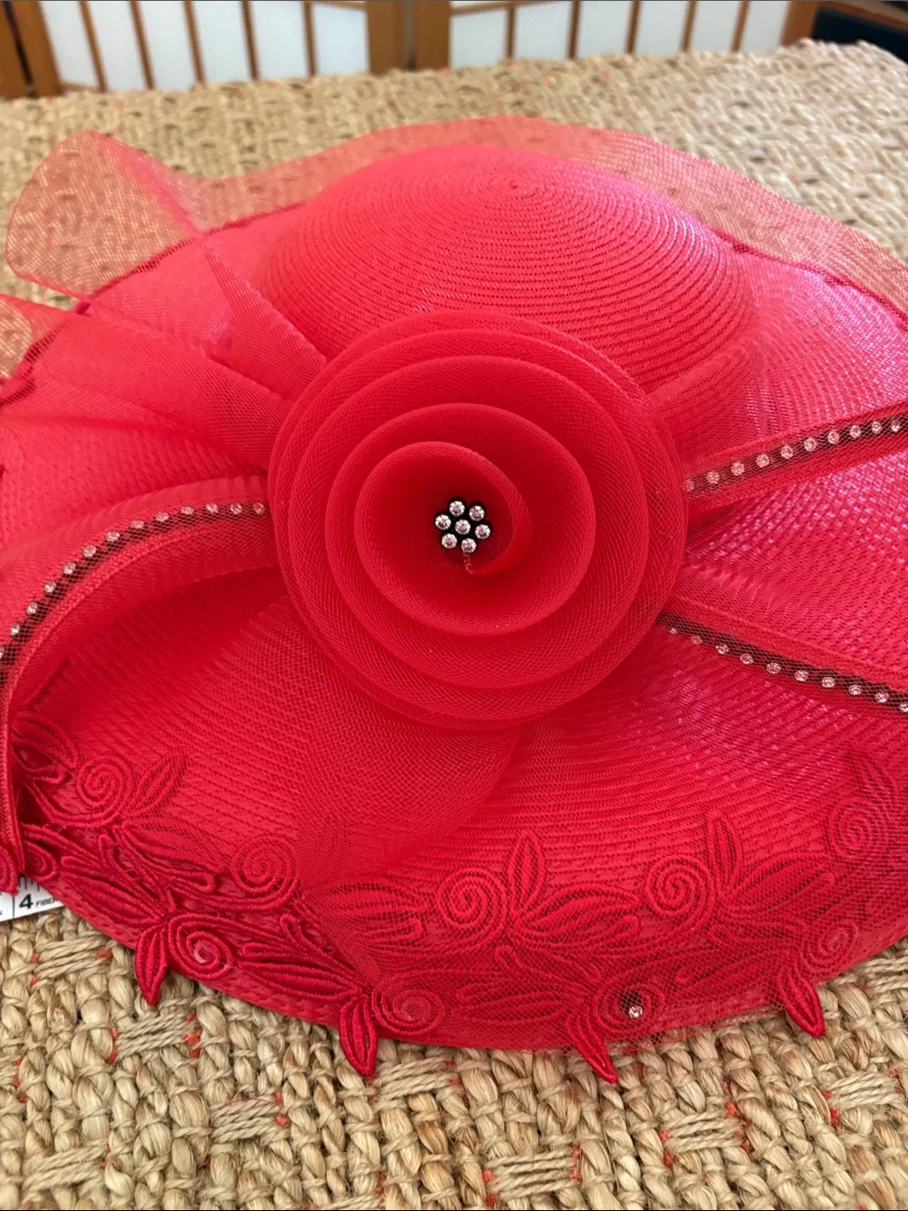 Wide-Brim Decorative Red Women's Hat with Braided Trim & Tulle Flower